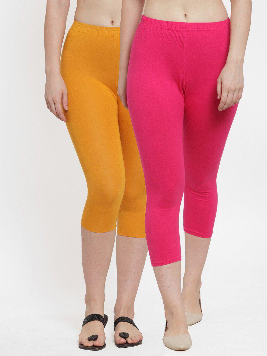 gracit women set of 2 fuchsia & mustard combed cotton capris