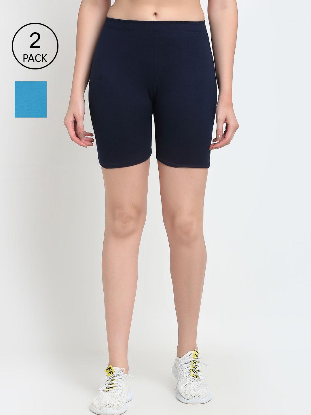 gracit women set of 2 navy blue & blue solid cycling shorts