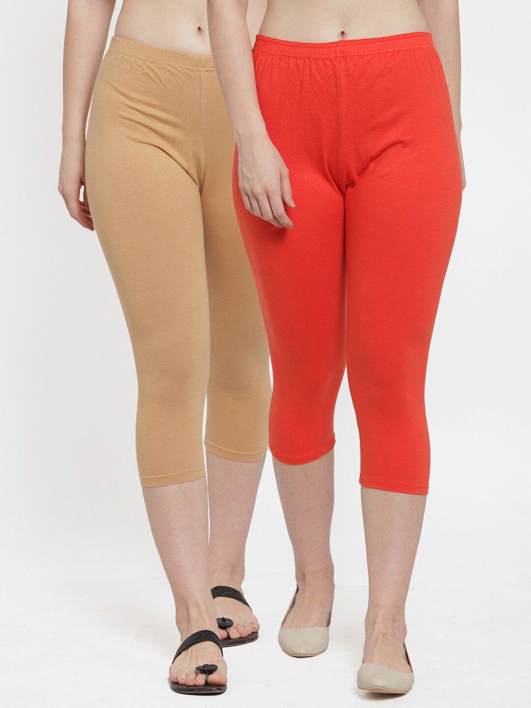 gracit women set of 2 orange & beige solid capris