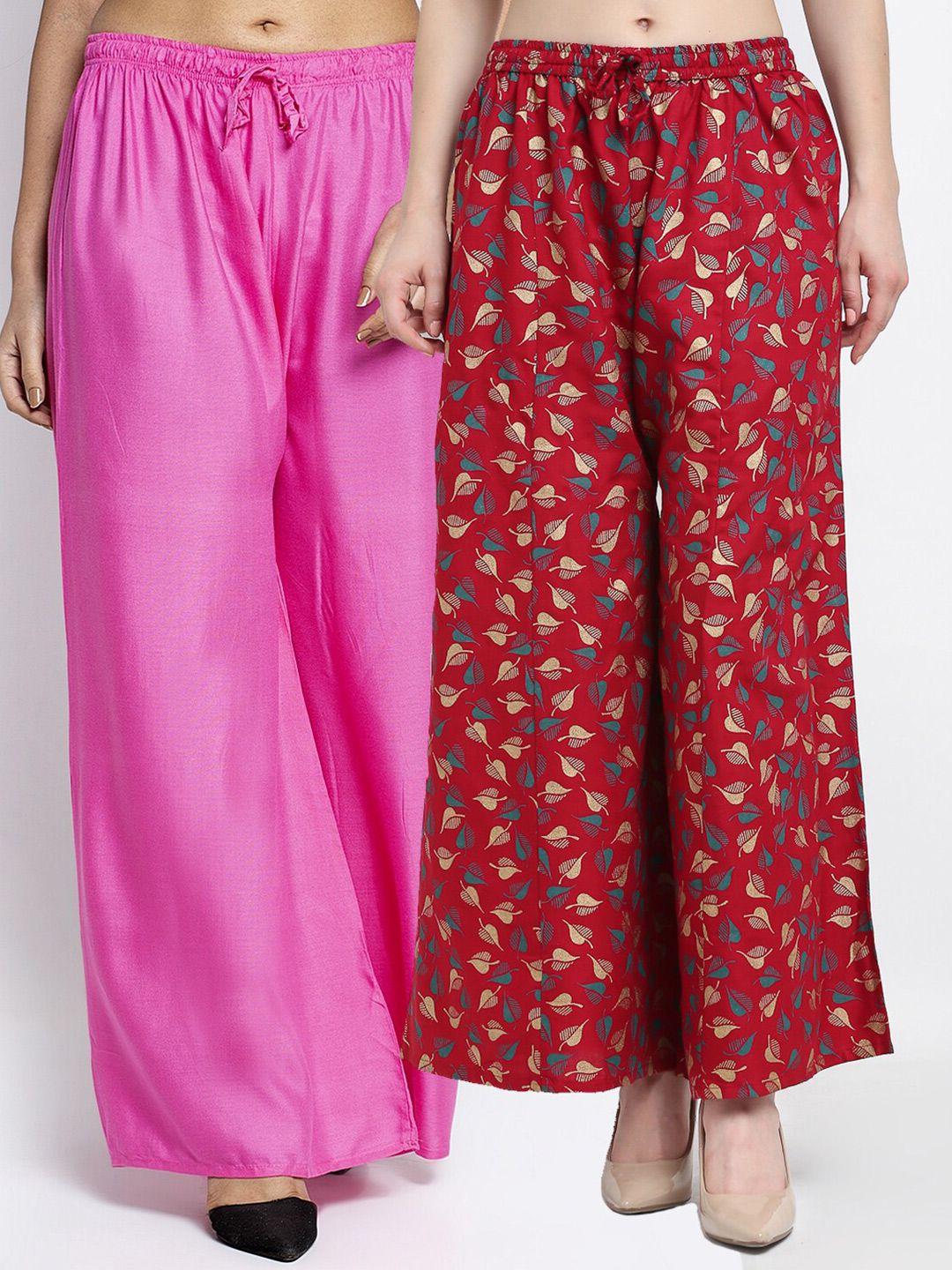 gracit women set of 2 pink & red printed rayon palazzos