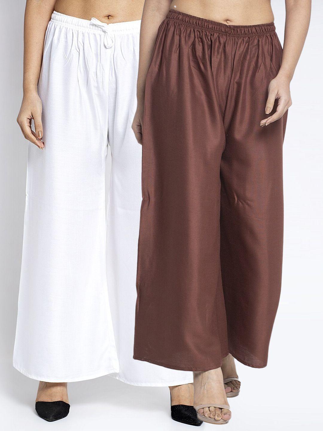 gracit women set of 2 white & brown solid ethnic palazzos