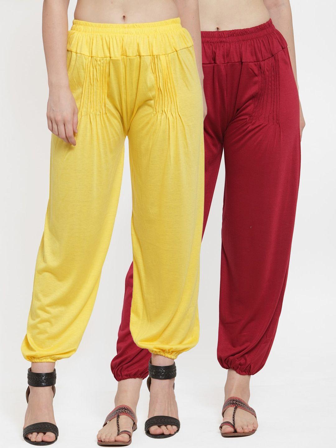 gracit women set of 2 yellow & maroon solid harem pants