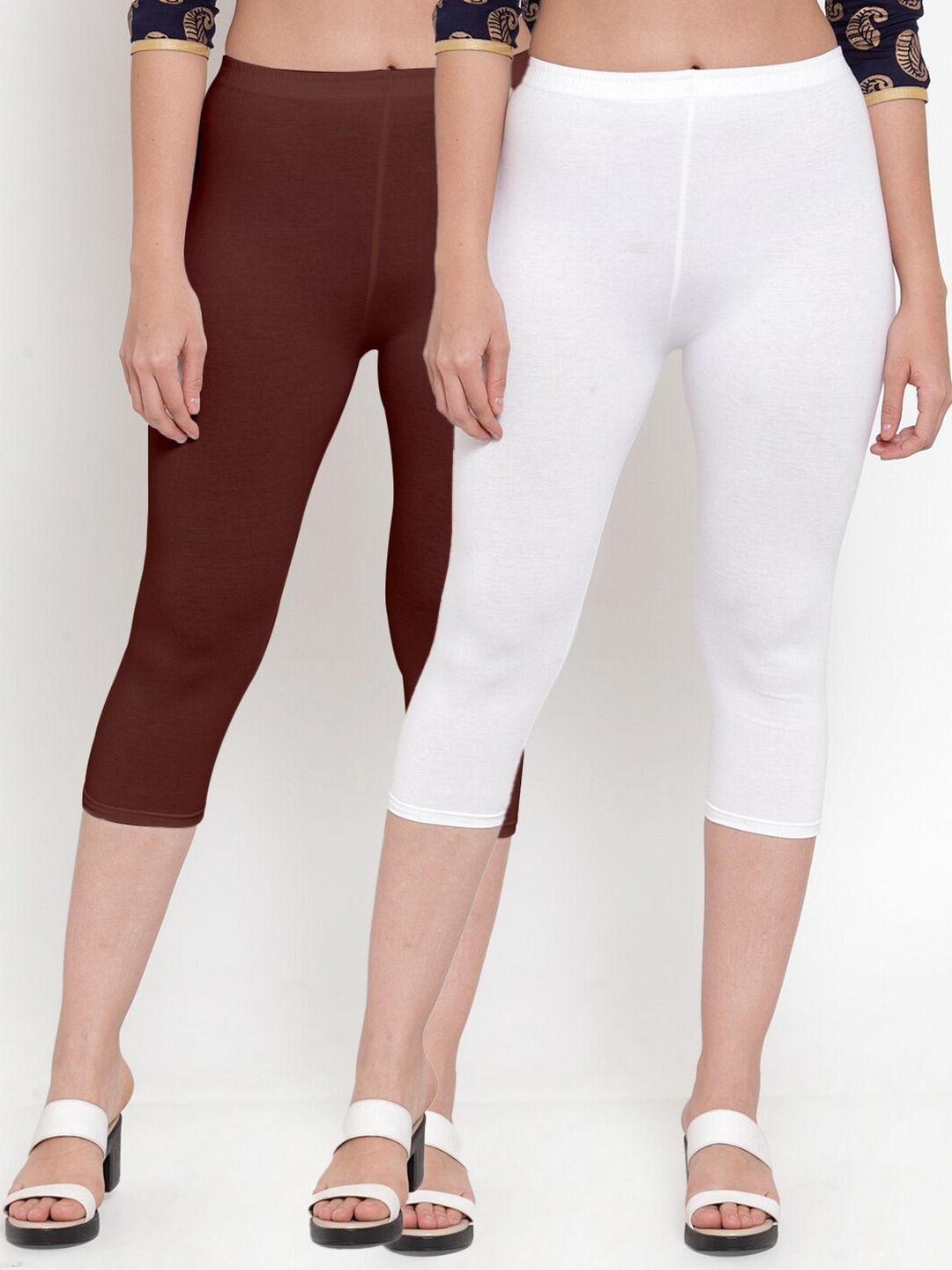 gracit women white & brown set of 2 cotton lycra capris