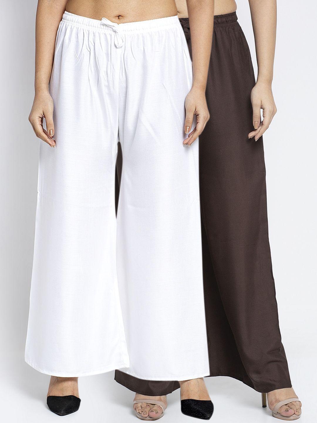 gracit women white & brown solid wide leg palazzos