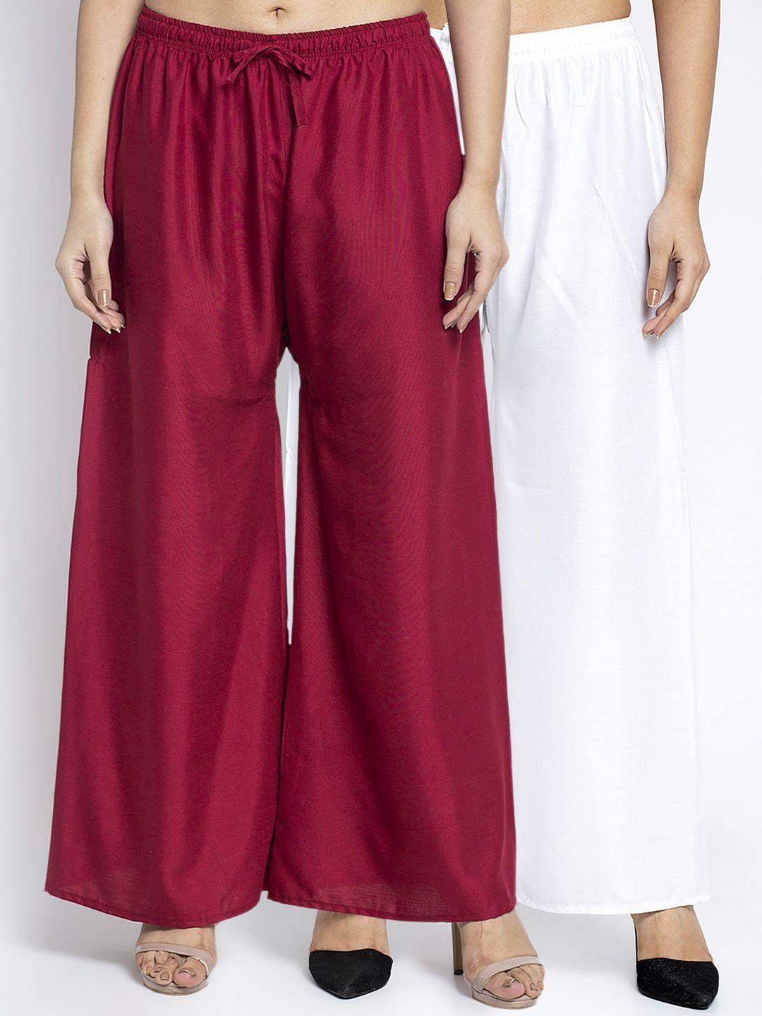 gracit women white & maroon set of 2 solid wide leg palazzos