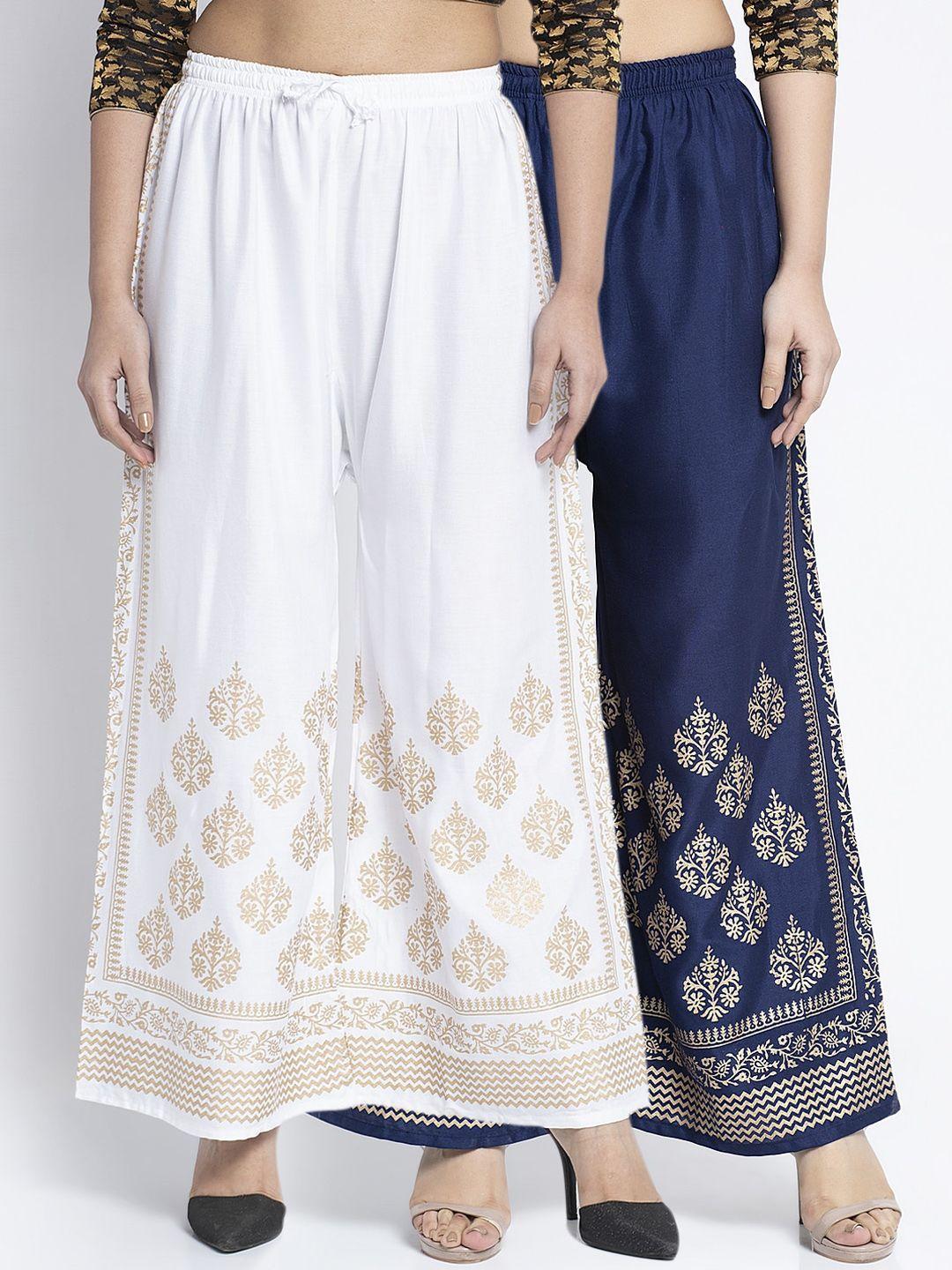 gracit women white & navy blue printed wide leg palazzos