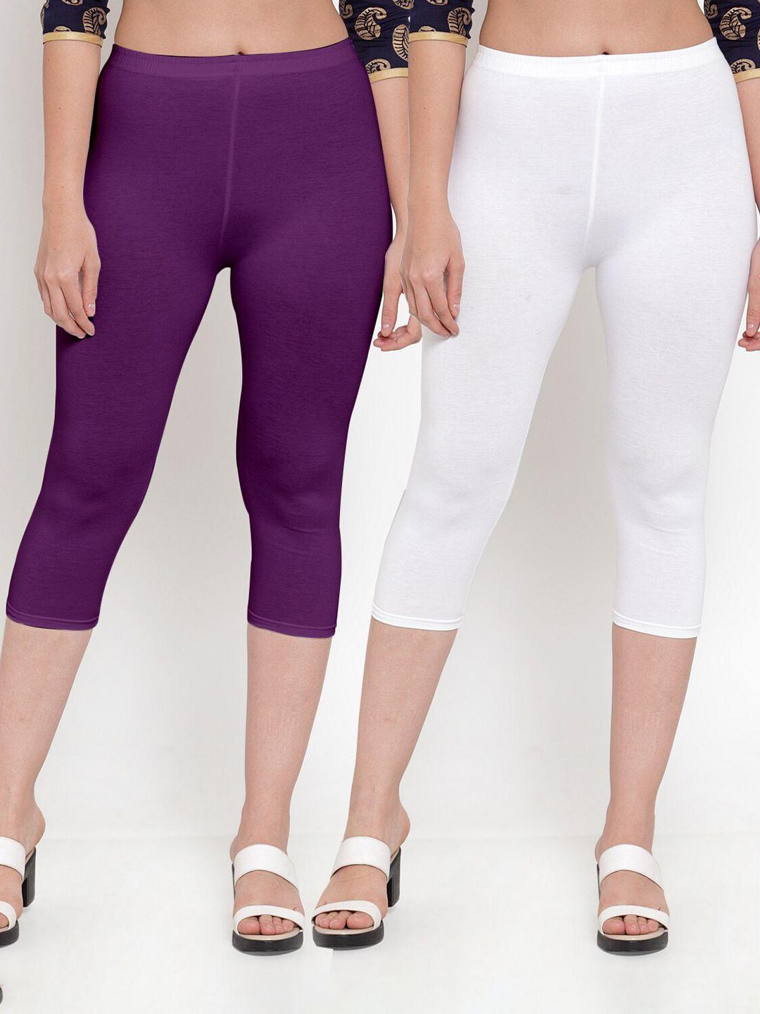 gracit women white & purple set of 2 cotton lycra capris