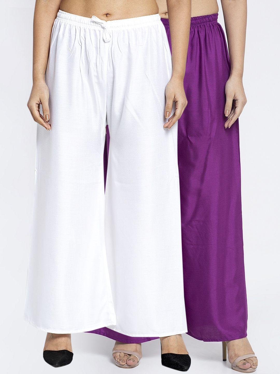 gracit women white & purple set of 2 solid wide leg palazzos