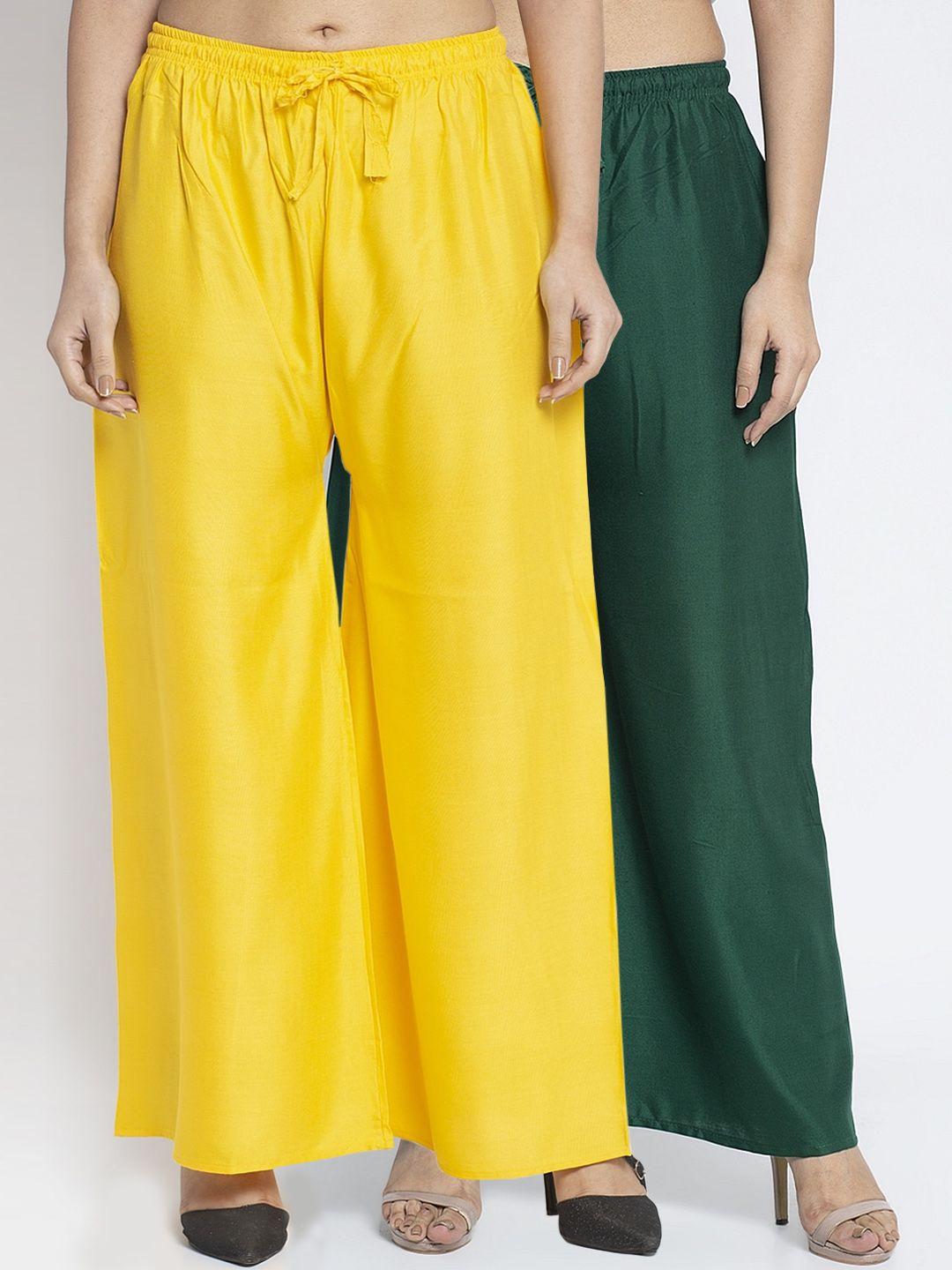 gracit women yellow & green solid wide leg palazzos