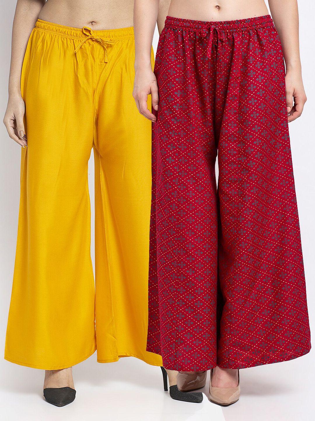 gracit women yellow & maroon pack of 2 floral printed knitted ethnic palazzos