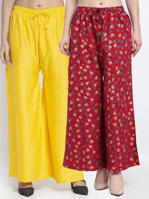 gracit yellow & maroon flared fit palazzos - pack of 2