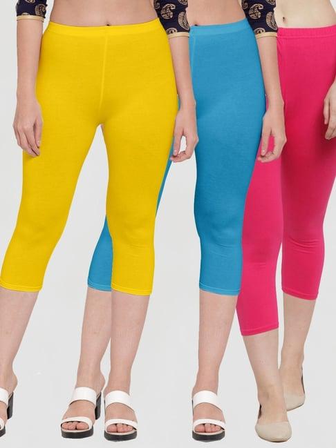 gracit yellow & sky blue mid rise capris - pack of 3