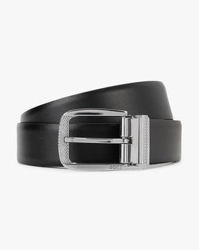grained branded buckle leather belt