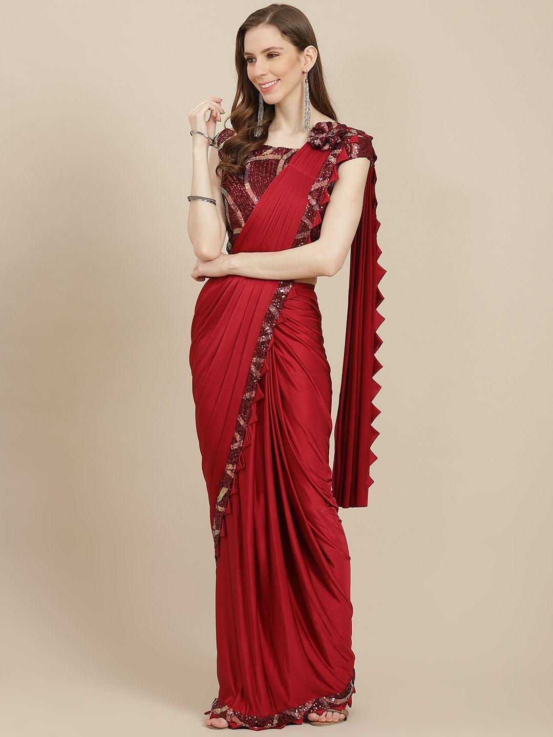 grancy maroon solid ready to wear saree with stitched blouse