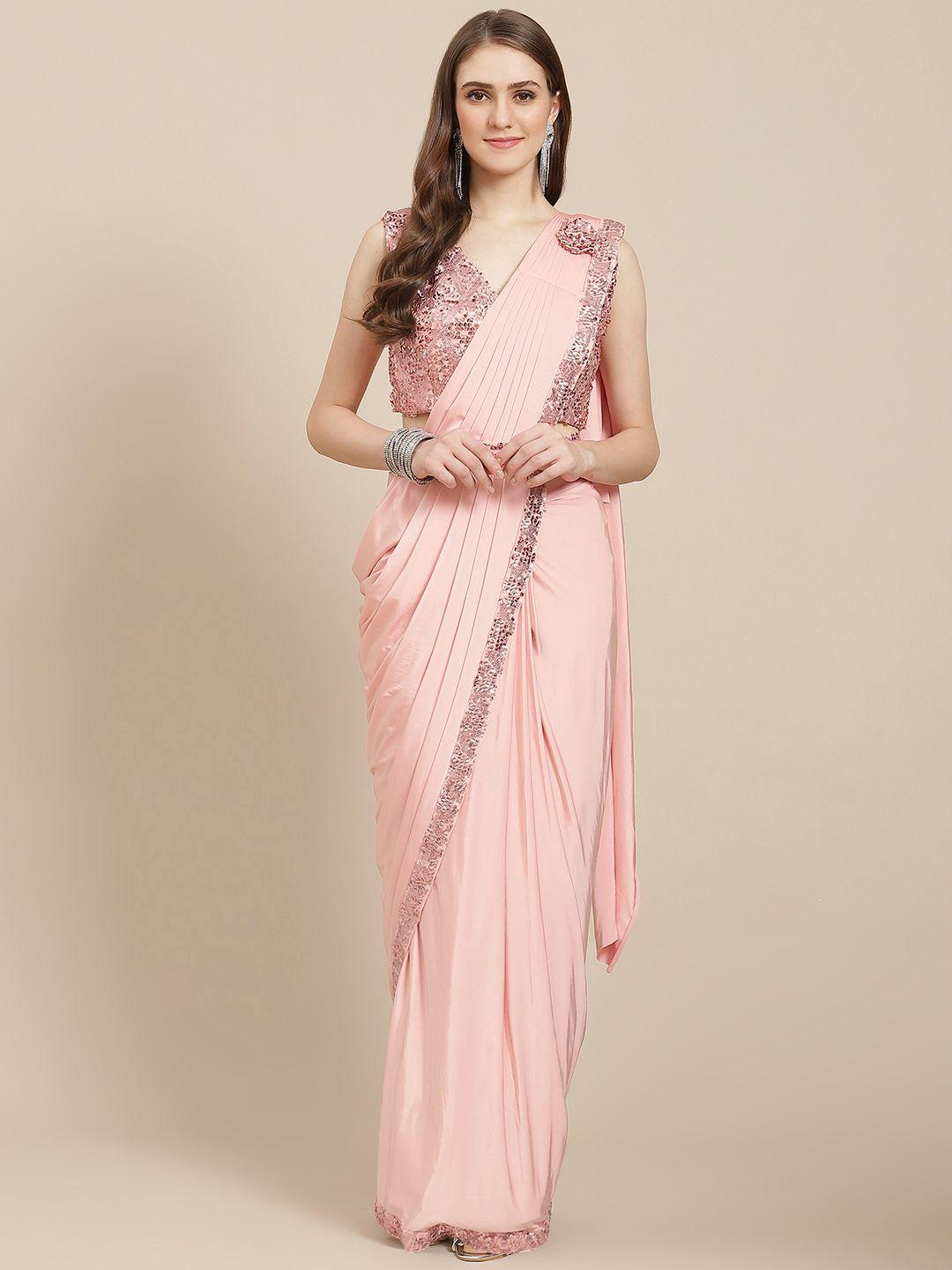 grancy peach-coloured sequinned ready to wear saree