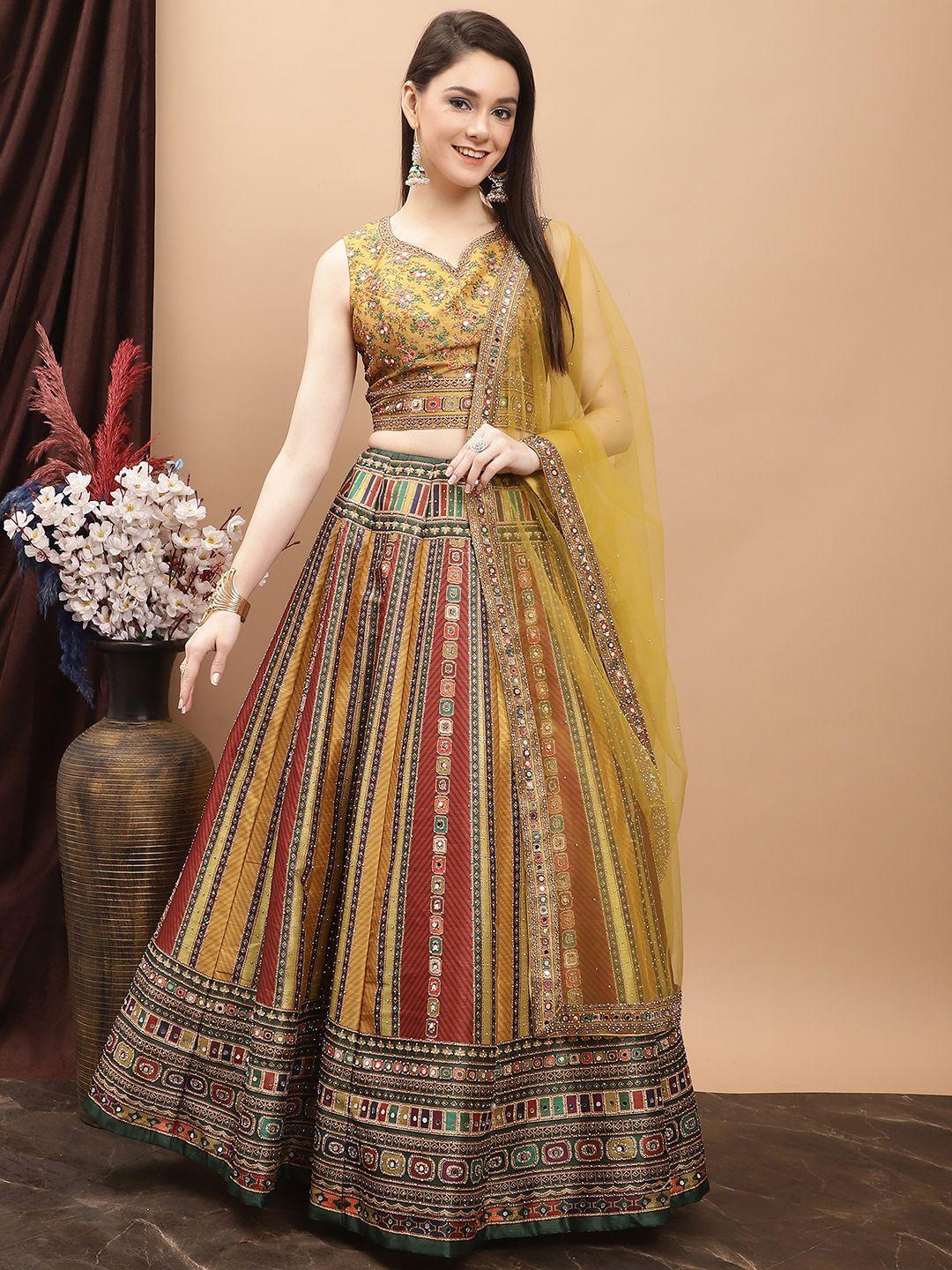 grancy ethnic motifs printed mirror work ready to wear lehenga & blouse with dupatta