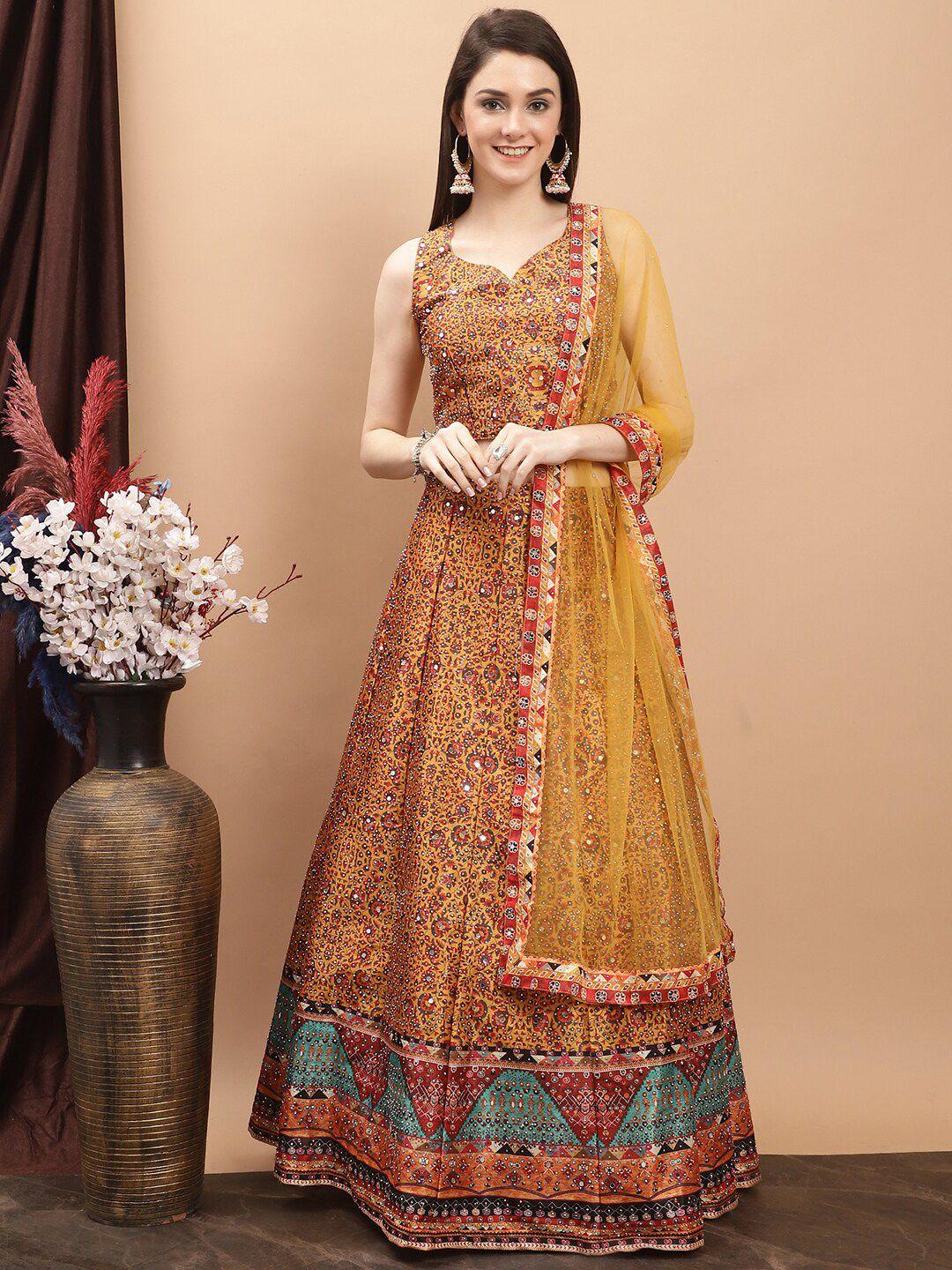 grancy ethnic motifs printed mirror work ready to wear lehenga & blouse with dupatta