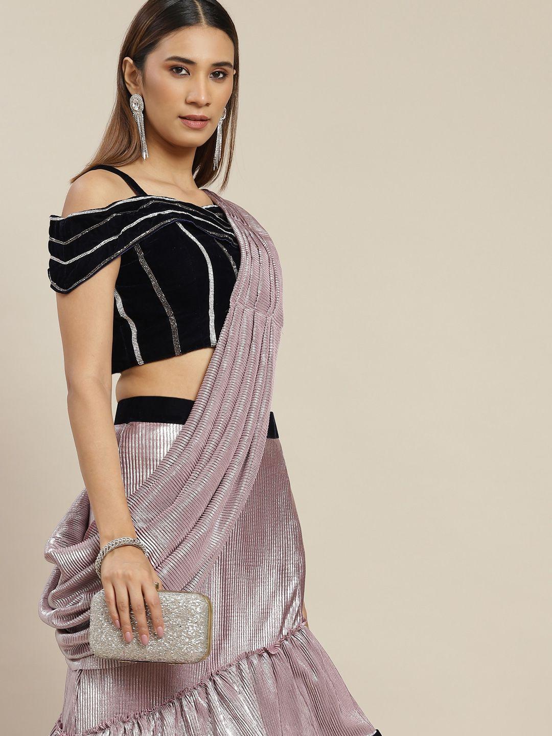 grancy lavender & black beads and stones ready to wear saree with ruffle detail