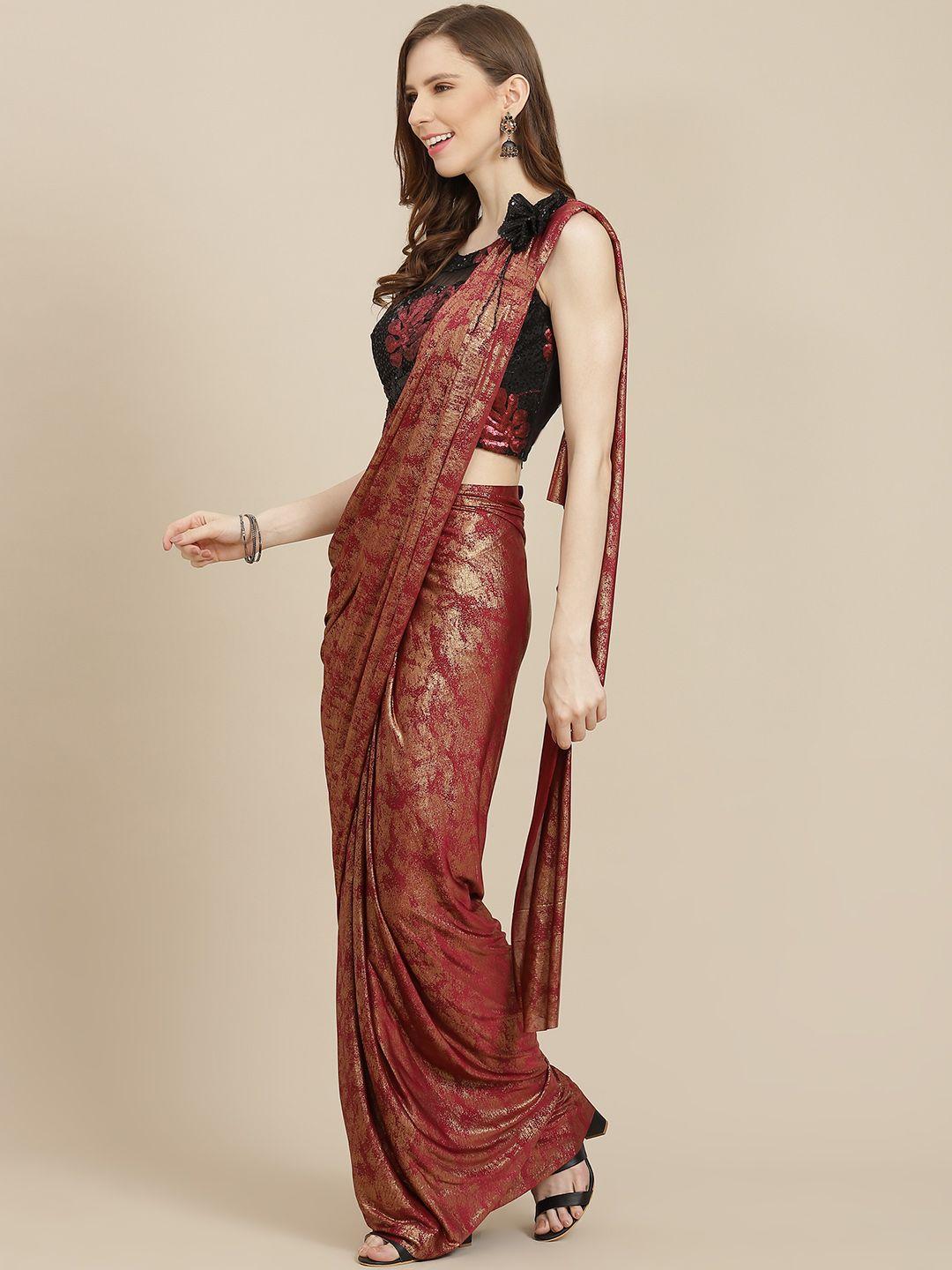 grancy maroon & golden printed ready to wear saree with stitched blouse
