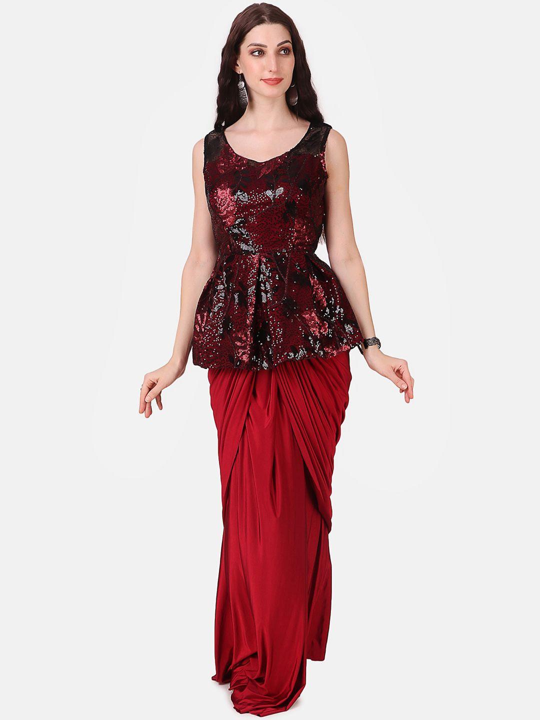grancy maroon embellished velvet peplum maxi dress