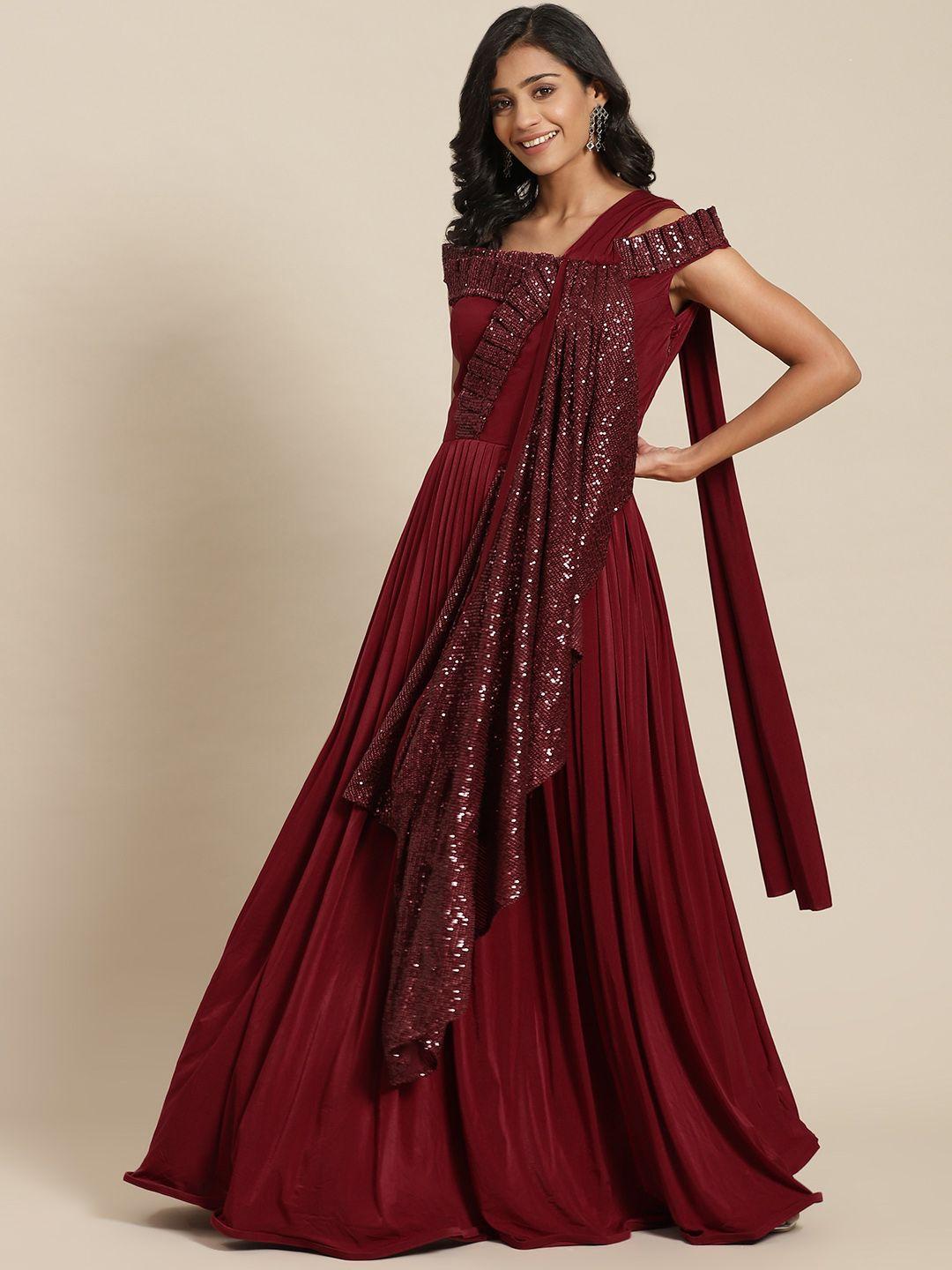 grancy maroon poly georgette ready to wear saree with sequinned blouse