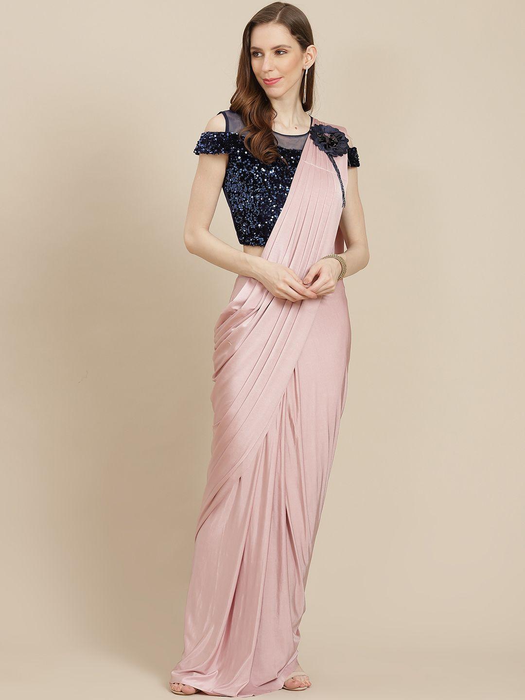 grancy pink & black & navy blue solid satin finish ready to wear saree