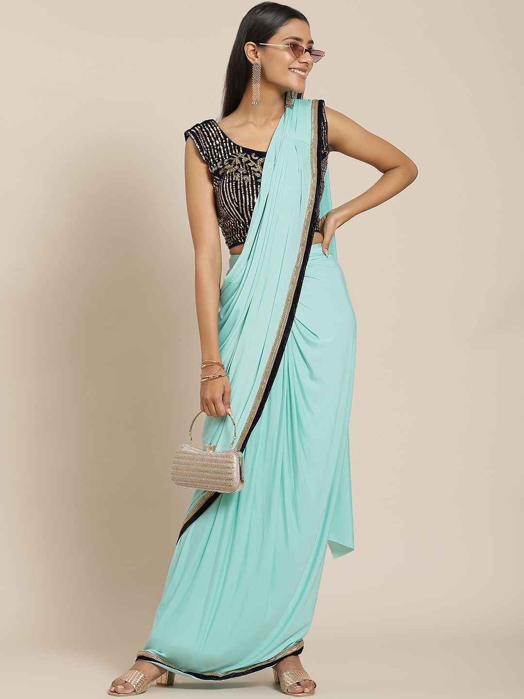 grancy sea green solid ready to wear saree with embellished border