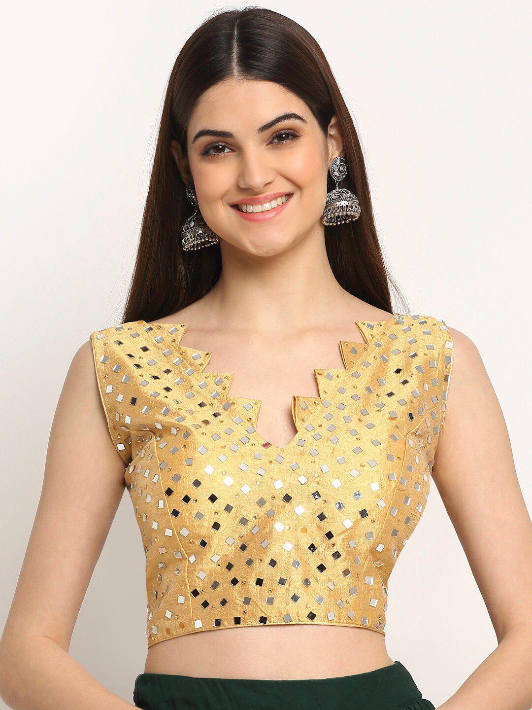 grancy woman gold-coloured embellished mirror work saree blouse