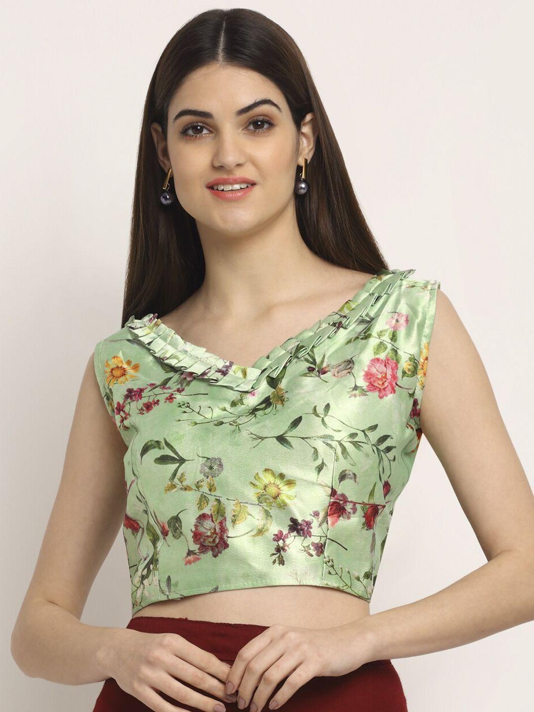 grancy woman sea green floral printed saree blouse