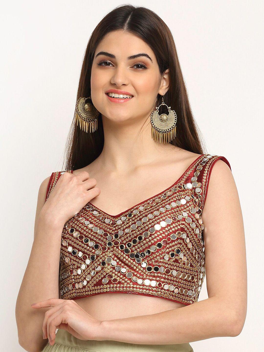 grancy women maroon & silver-coloured embroidered saree blouse