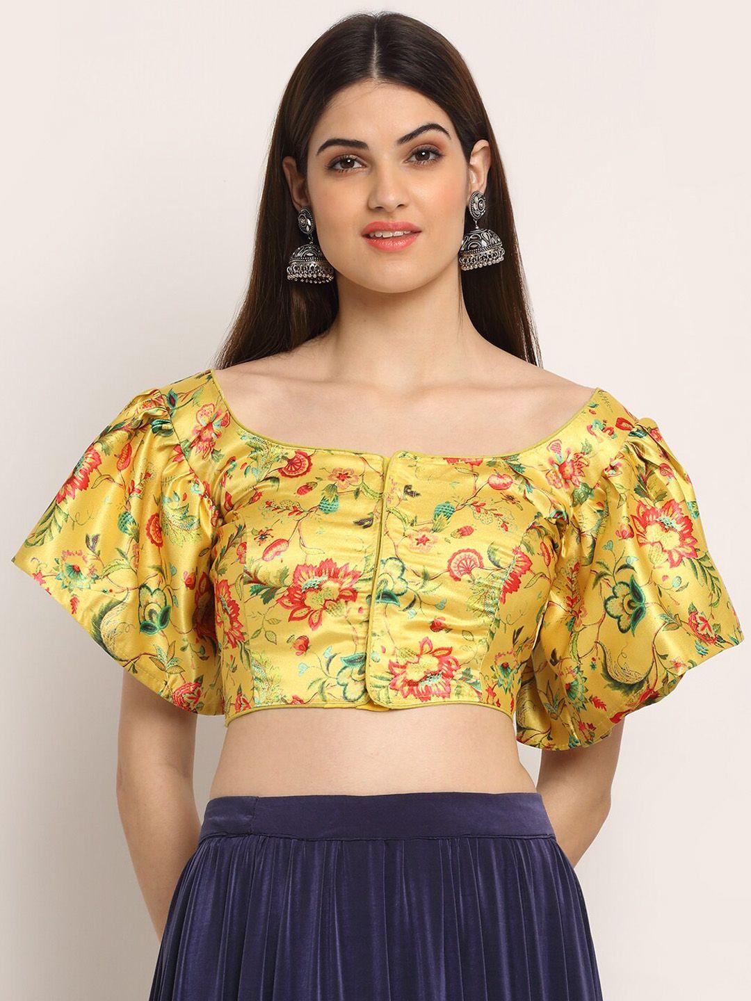 grancy women mustard yellow & pink printed saree blouse