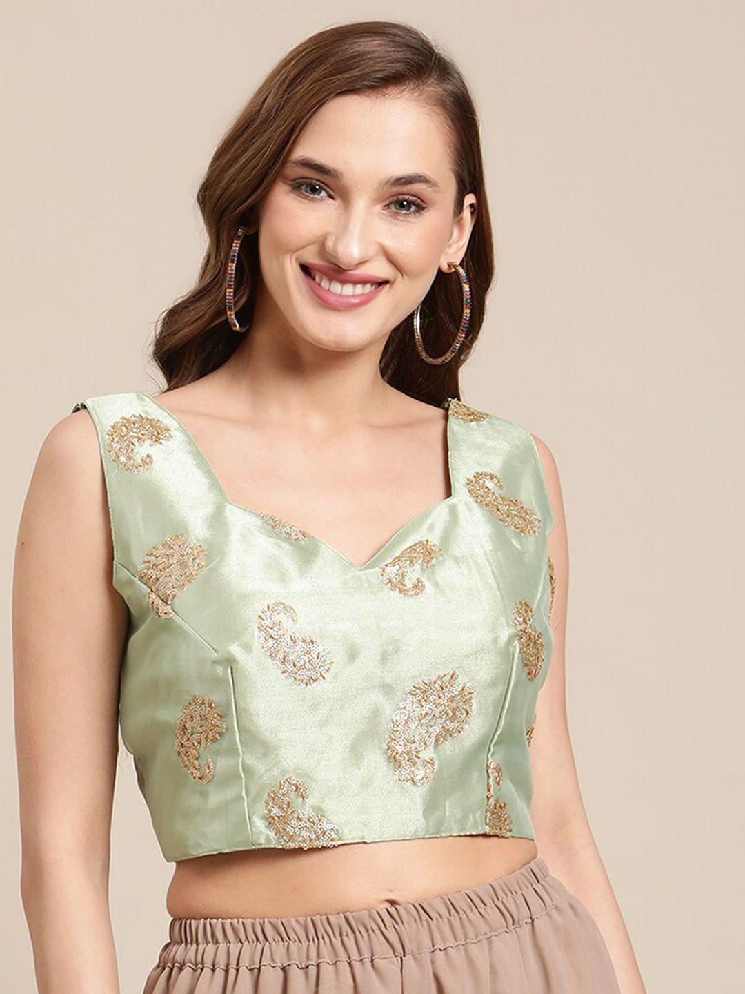 grancy women sea green printed silk saree blouse