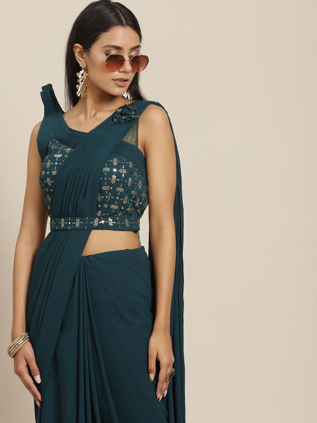 grancy women teal solid ready to wear saree