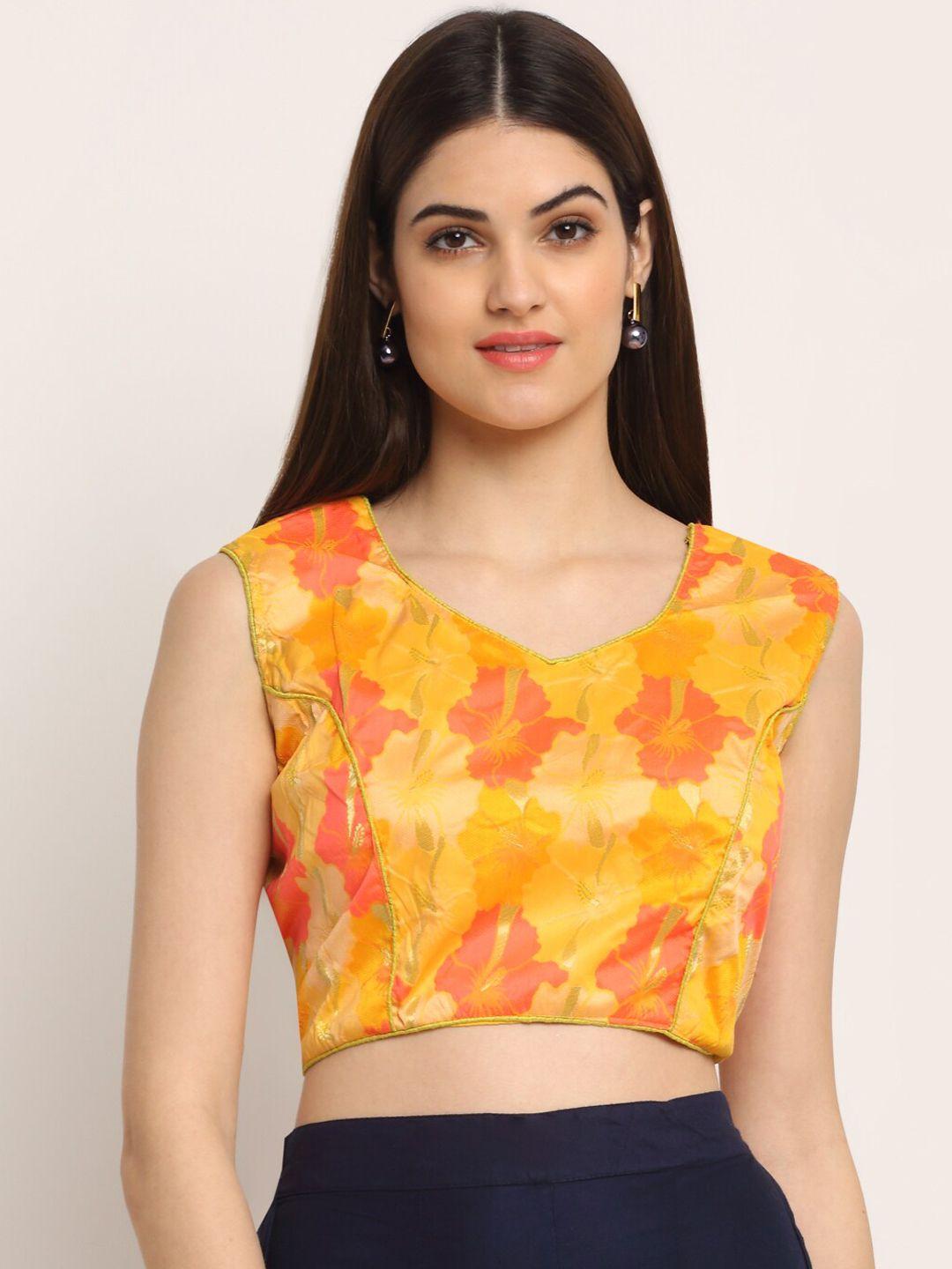 grancy women yellow & orange printed saree blouse