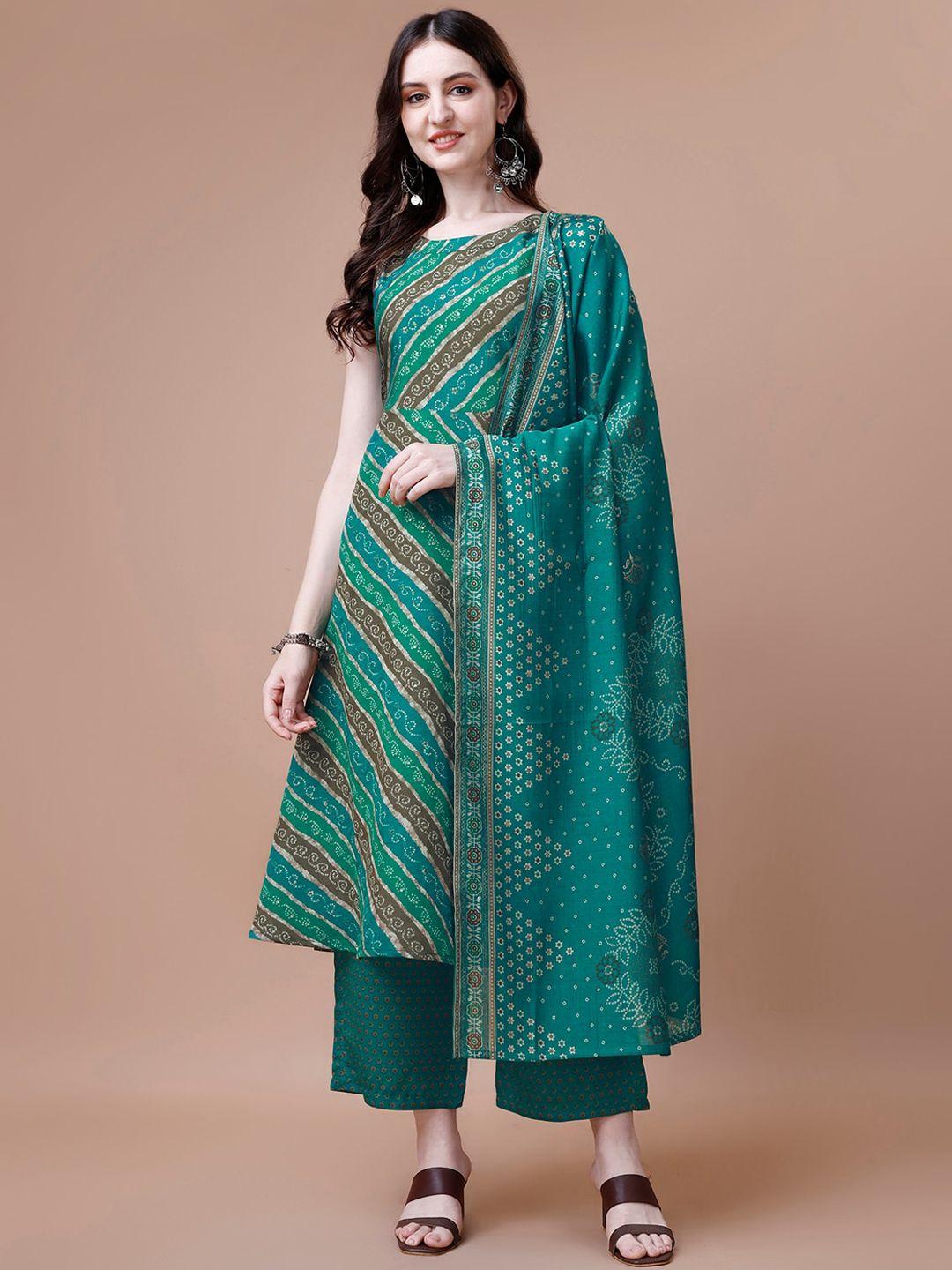 granthva fab women teal leheriya printed regular chanderi silk kurta with palazzos & with dupatta
