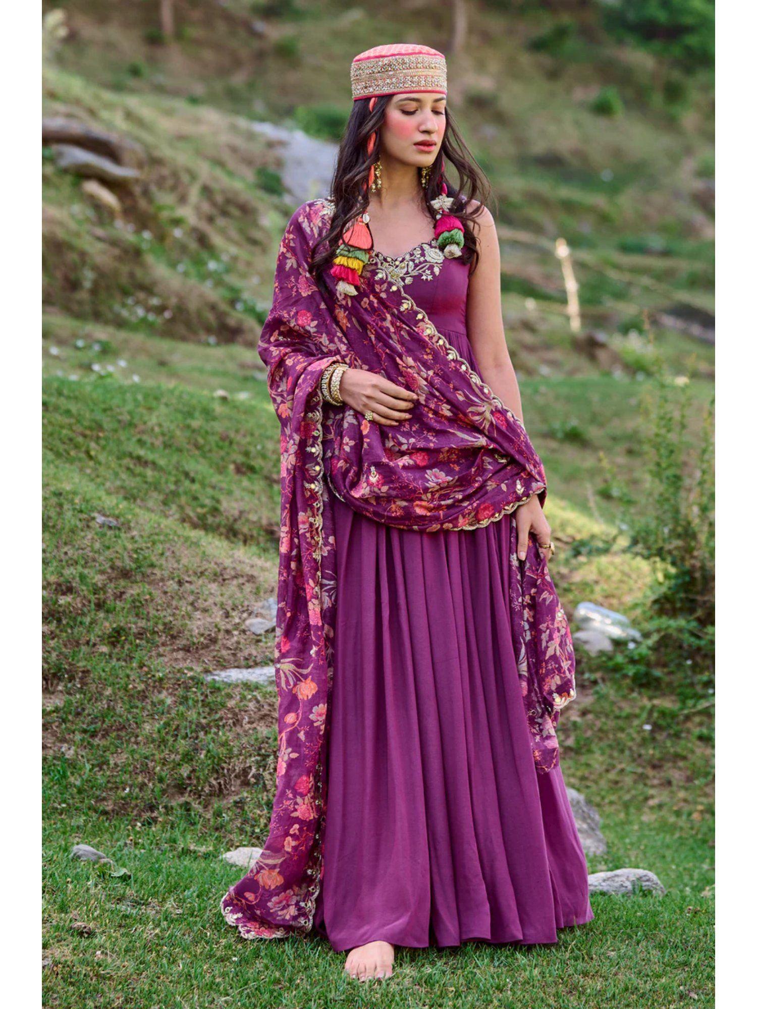 grape anarkali with floral dupatta (set of 2)