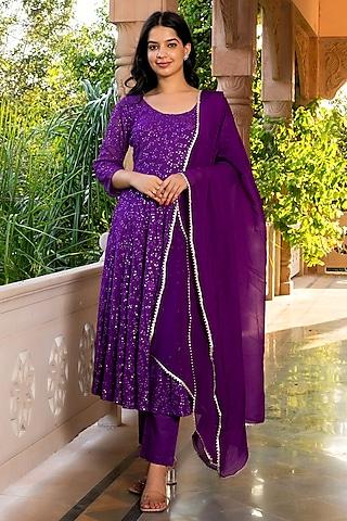 grape purple georgette embroidered anarkali set