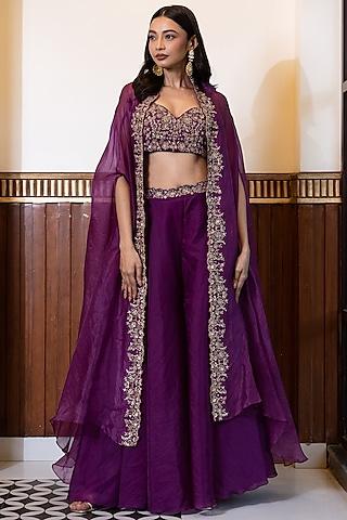 grape purple organza floral jaal hand embroidered cape set