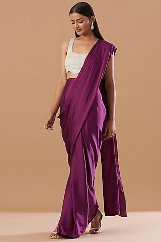 grape violet natural satin saree set