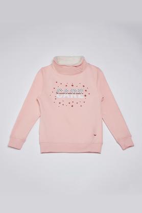 graphic cotton blend high neck girls sweatshirt - pink