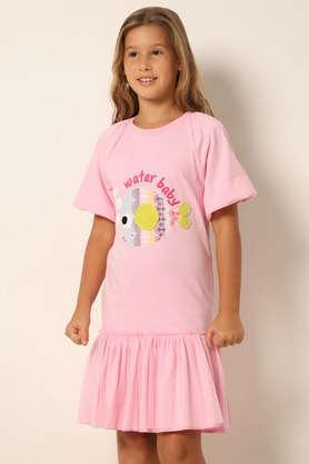 graphic cotton regular fit girls dress - pink