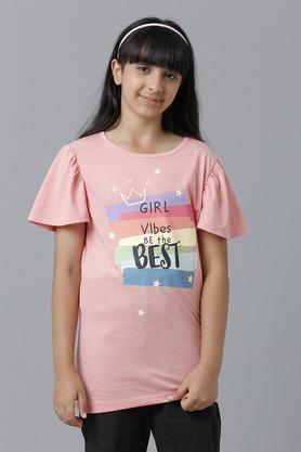 graphic cotton round neck girl's t-shirt - peach