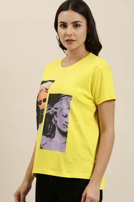 graphic cotton round neck women's t-shirt - yellow
