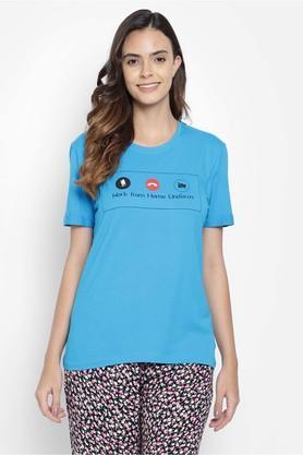 graphic cotton round neck women's t-shirts - blue