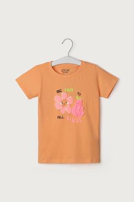 graphic print cotton regular fit girls top - orange