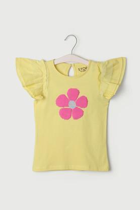 graphic print cotton regular fit girls top - yellow