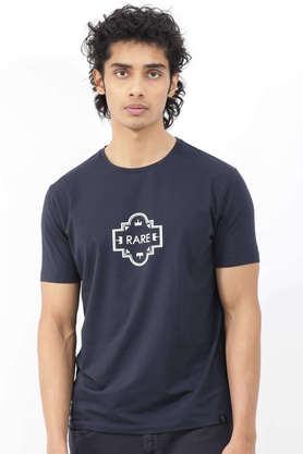 graphic print cotton round neck men's t-shirt - navy