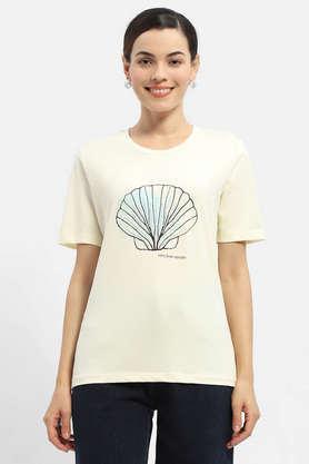 graphic print cotton round neck women's t-shirt - natural