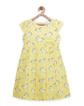 graphic print fit & flare dress with bow applique