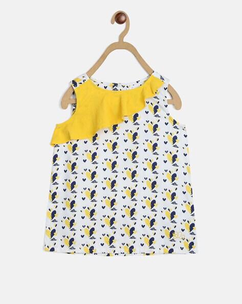 graphic print round-neck top with ruffled panel